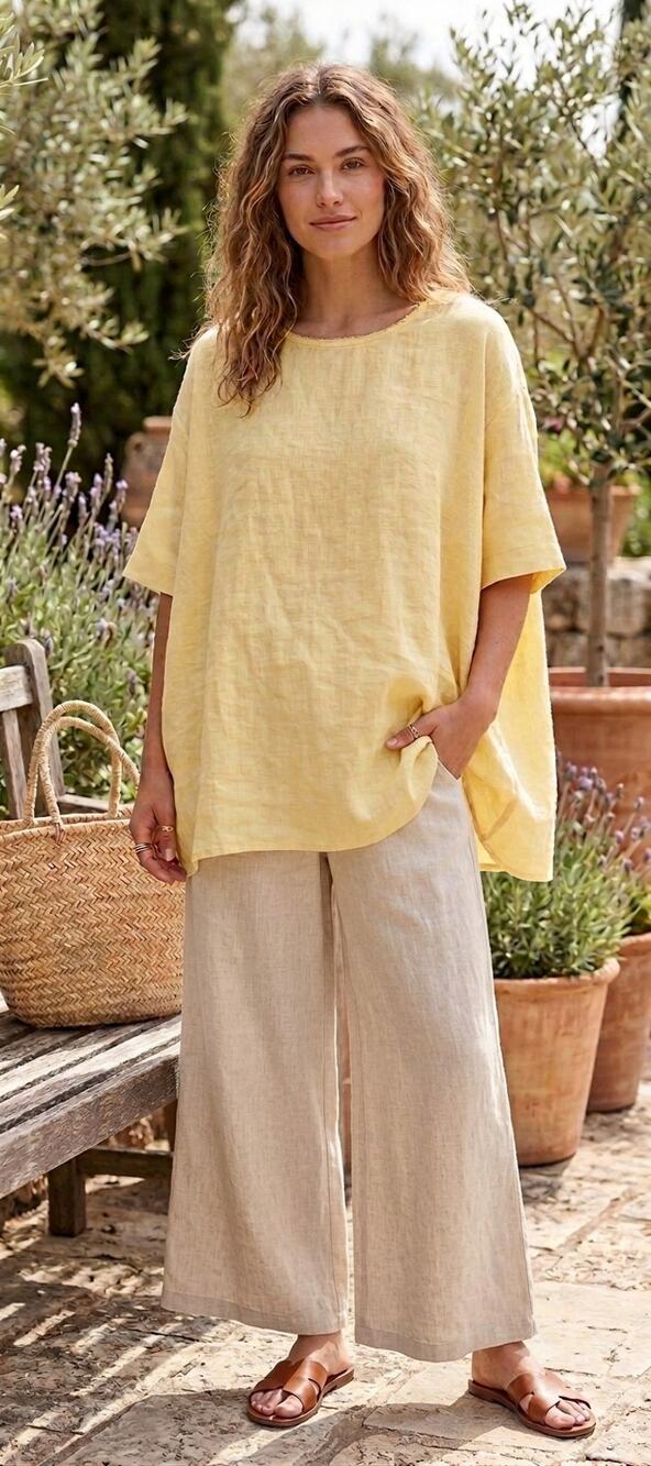FLAX Jeanne Engelhart Yellow Linen Short Sleeve Tunic Top Large